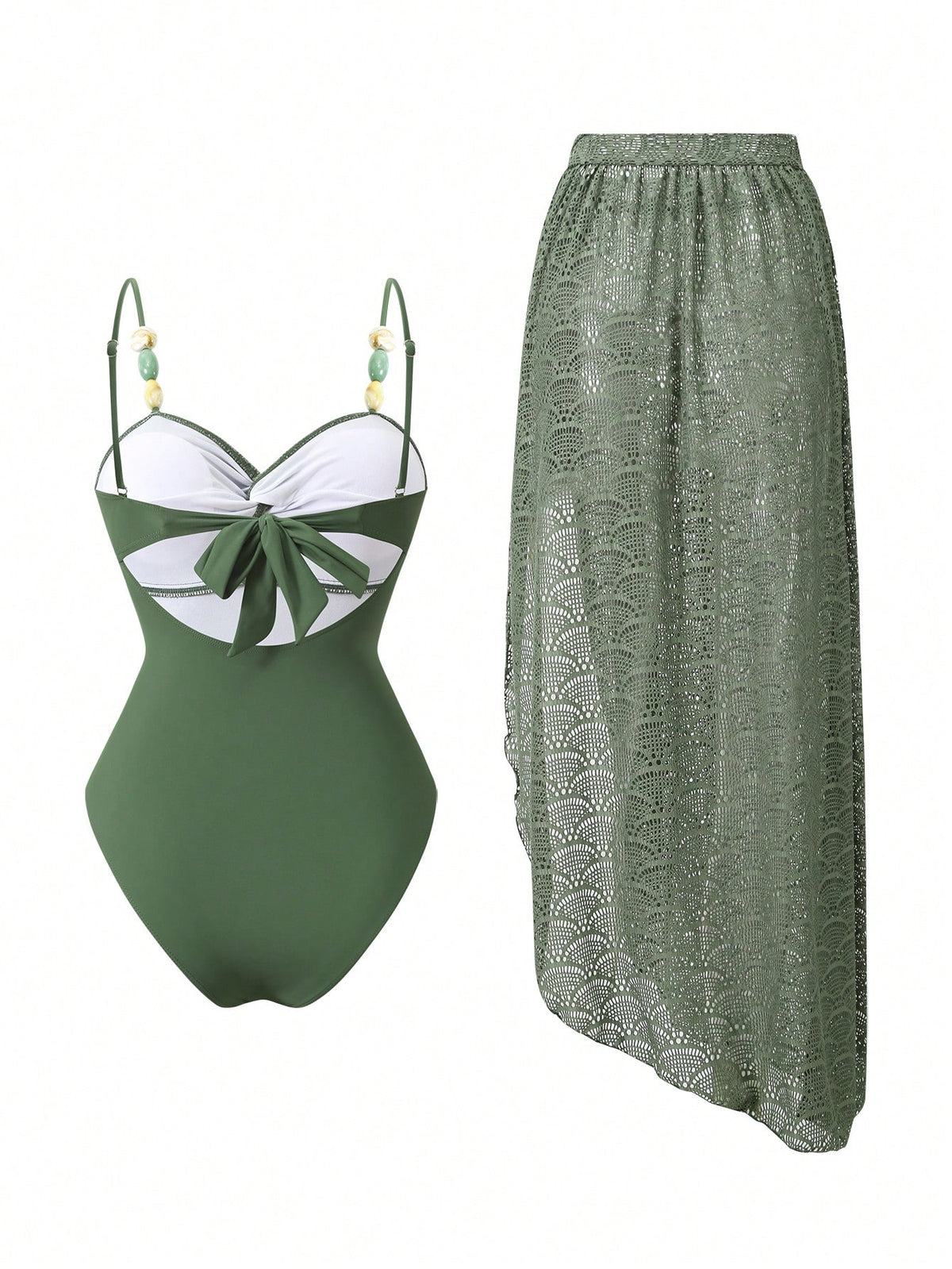 Swim Oasis Women's Elegant Casual Marble Color Block Beaded Decor Twist Design One-Piece Swimsuit & Cover-Up Set, Summer Vacation Beach Outfit, Back To School