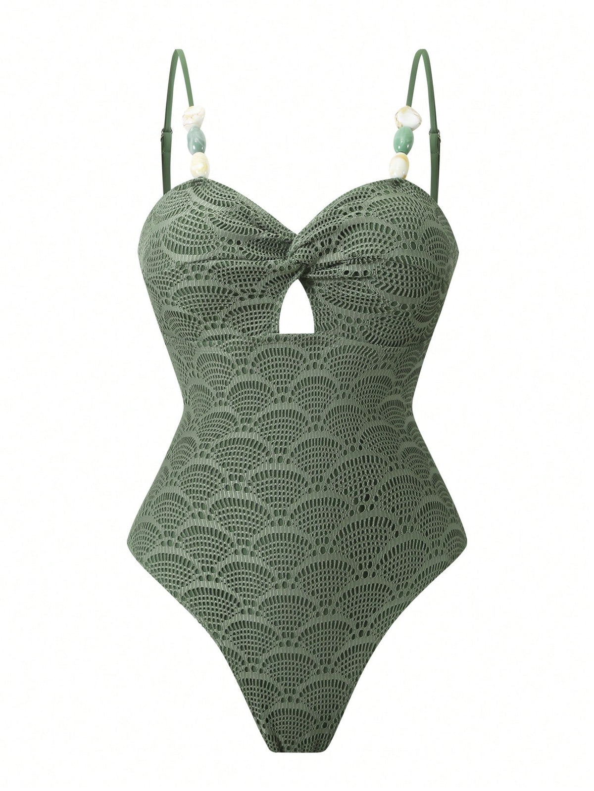 Swim Oasis Women's Elegant Casual Marble Color Block Beaded Decor Twist Design One-Piece Swimsuit & Cover-Up Set, Summer Vacation Beach Outfit, Back To School