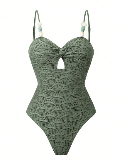 Swim Oasis Women's Elegant Casual Marble Color Block Beaded Decor Twist Design One-Piece Swimsuit & Cover-Up Set, Summer Vacation Beach Outfit, Back To School