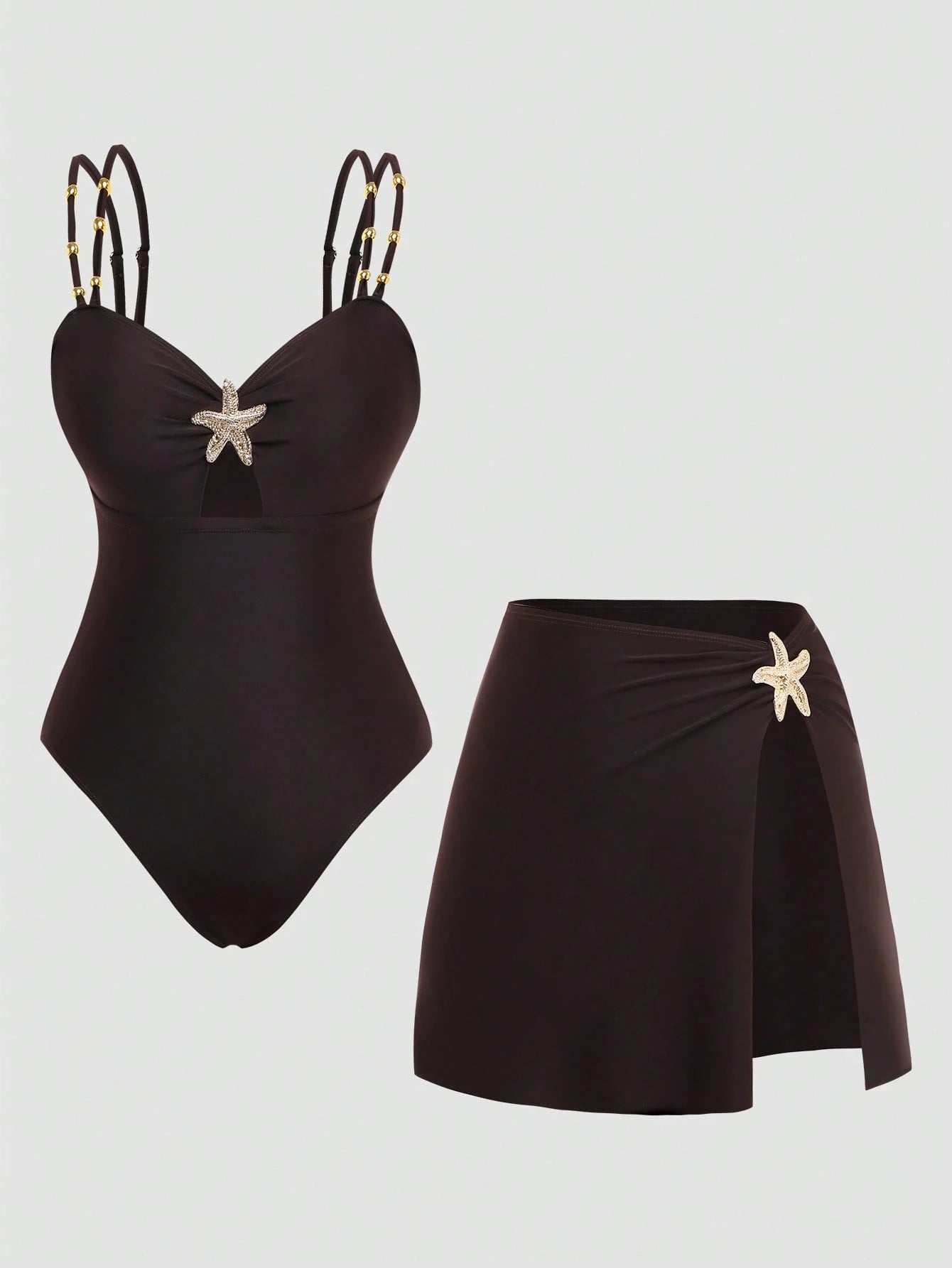 Swim Oasis Women's Plus Size One-Piece Swimsuit & Slit Sarong Skirt Set,Black,Summer,Classy,Formal,Beach,Evening,Holiday,Starfish Print Beaded Adjustable Straps