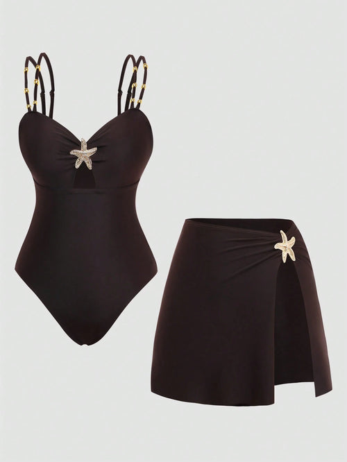 Swim Oasis Women's Plus Size One-Piece Swimsuit & Slit Sarong Skirt Set,Black,Summer,Classy,Formal,Beach,Evening,Holiday,Starfish Print Beaded Adjustable Straps