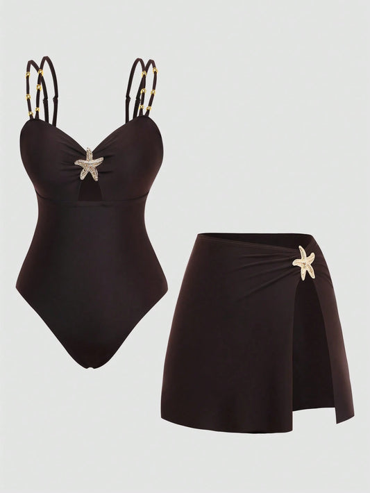 Swim Oasis Women's Plus Size One-Piece Swimsuit & Slit Sarong Skirt Set,Black,Summer,Classy,Formal,Beach,Evening,Holiday,Starfish Print Beaded Adjustable Straps