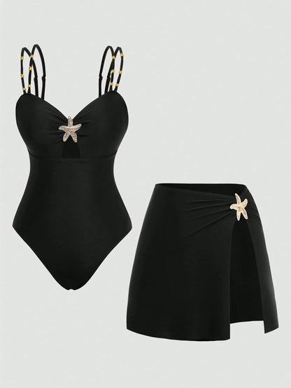 Swim Oasis Women's Plus Size One-Piece Swimsuit & Slit Sarong Skirt Set,Black,Summer,Classy,Formal,Beach,Evening,Holiday,Starfish Print Beaded Adjustable Straps