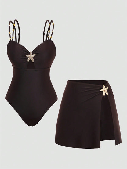 Swim Oasis Women's Plus Size One-Piece Swimsuit & Slit Sarong Skirt Set,Black,Summer,Classy,Formal,Beach,Evening,Holiday,Starfish Print Beaded Adjustable Straps
