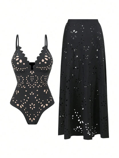 Swim Oasis Women's Sexy Cutout One-Piece Swimsuit And Cutout Skirt Two Pieces Set, High-End Beach Vacation Style, Summer