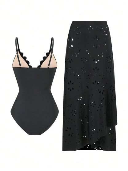 Swim Oasis Women's Sexy Cutout One-Piece Swimsuit And Cutout Skirt Two Pieces Set, High-End Beach Vacation Style, Summer