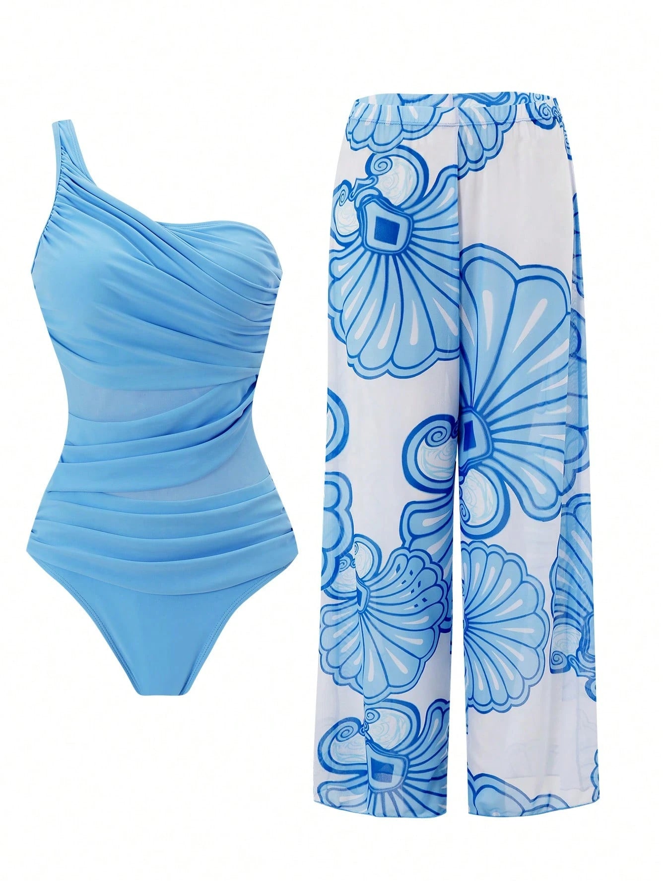 Swim Oasis Women's Summer Vacation One-Piece Blue One-Shoulder Side Ruched Front Mesh Hollow Design Shell Print Cover-Up Pants