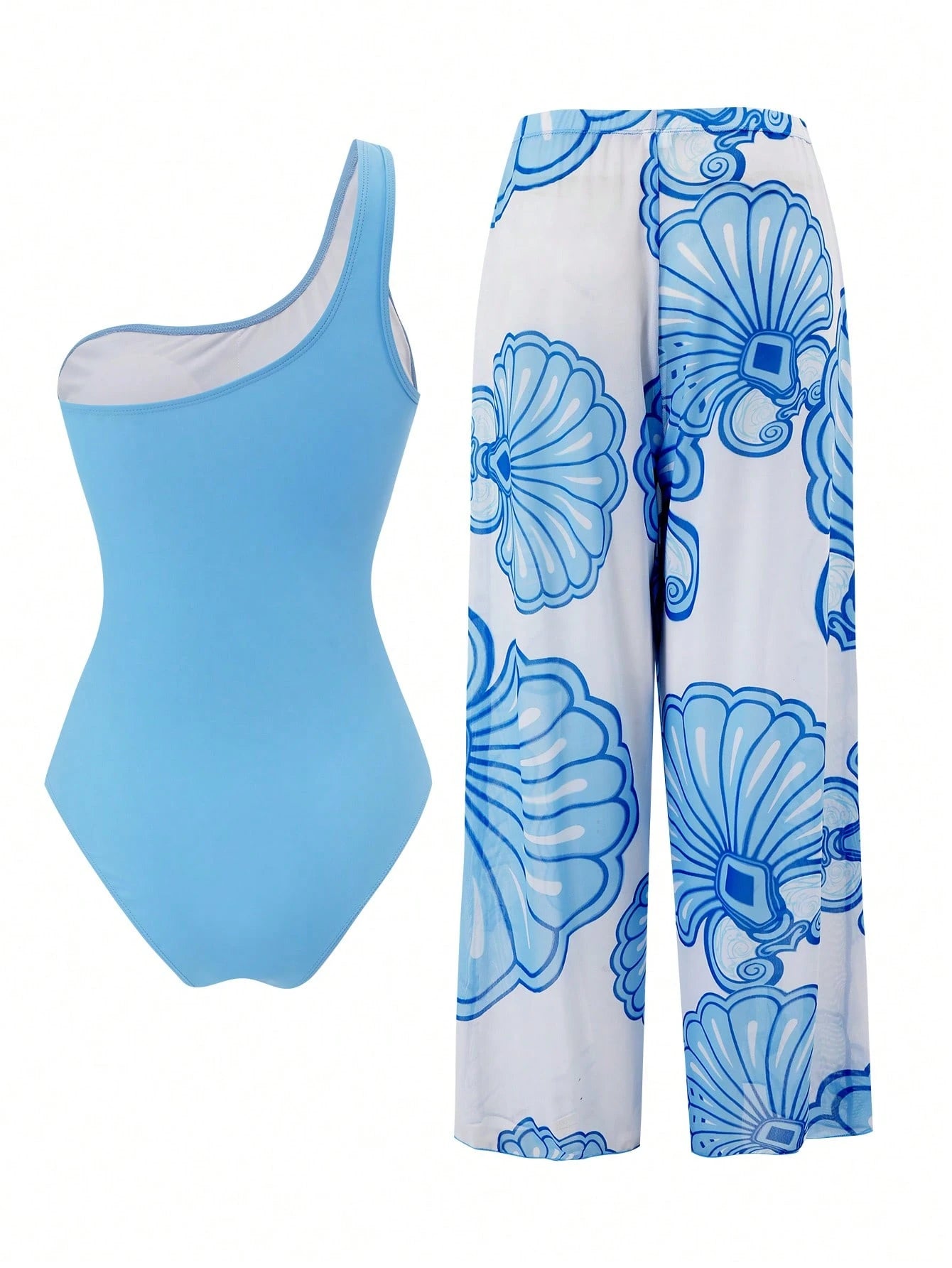 Swim Oasis Women's Summer Vacation One-Piece Blue One-Shoulder Side Ruched Front Mesh Hollow Design Shell Print Cover-Up Pants