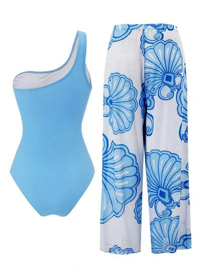 Swim Oasis Women's Summer Vacation One-Piece Blue One-Shoulder Side Ruched Front Mesh Hollow Design Shell Print Cover-Up Pants