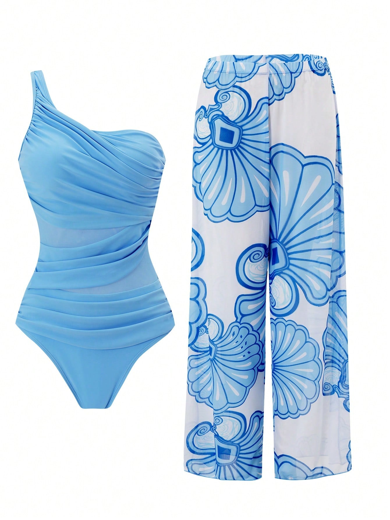 Swim Oasis Women's Summer Vacation One-Piece Blue One-Shoulder Side Ruched Front Mesh Hollow Design Shell Print Cover-Up Pants