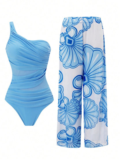 Swim Oasis Women's Summer Vacation One-Piece Blue One-Shoulder Side Ruched Front Mesh Hollow Design Shell Print Cover-Up Pants