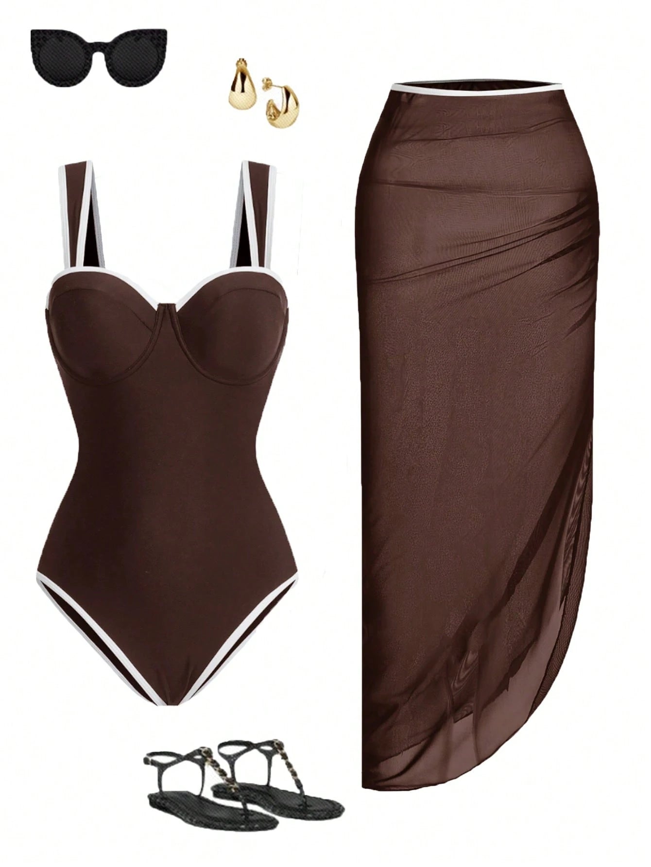 Swim Oasis Women Spring/Summer Beach Swimwear, Solid Colour One-Piece Swimsuit+ Skirt, Going Out Outfit