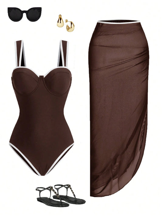 Swim Oasis Women Spring/Summer Beach Swimwear, Solid Colour One-Piece Swimsuit+ Skirt, Going Out Outfit