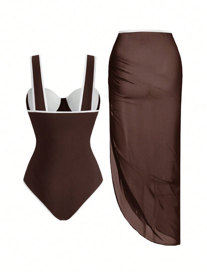 Swim Oasis Women Spring/Summer Beach Swimwear, Solid Colour One-Piece Swimsuit+ Skirt, Going Out Outfit