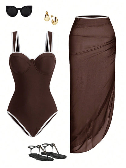 Swim Oasis Women Spring/Summer Beach Swimwear, Solid Colour One-Piece Swimsuit+ Skirt, Going Out Outfit