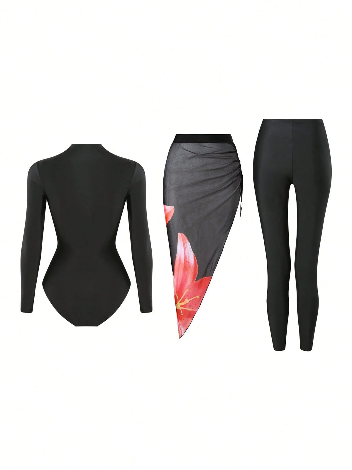 Swim Shayni 3pcs/Set Women Casual Black Modest Long Sleeve Swimsuit Top,Elastic Waist Long Pants & Floral Print Flounce Hem Swim Skirt For Summer Beach Holiday