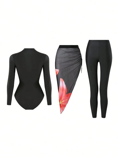 Swim Shayni 3pcs/Set Women Casual Black Modest Long Sleeve Swimsuit Top,Elastic Waist Long Pants & Floral Print Flounce Hem Swim Skirt For Summer Beach Holiday