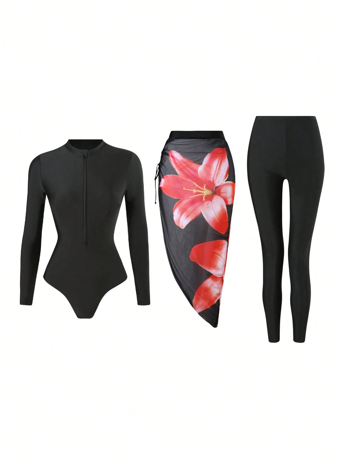 Swim Shayni 3pcs/Set Women Casual Black Modest Long Sleeve Swimsuit Top,Elastic Waist Long Pants & Floral Print Flounce Hem Swim Skirt For Summer Beach Holiday