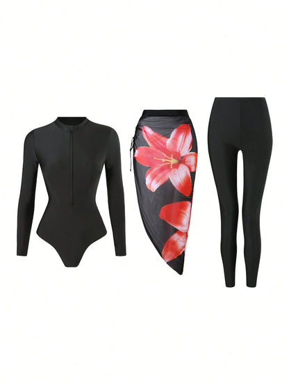 Swim Shayni 3pcs/Set Women Casual Black Modest Long Sleeve Swimsuit Top,Elastic Waist Long Pants & Floral Print Flounce Hem Swim Skirt For Summer Beach Holiday