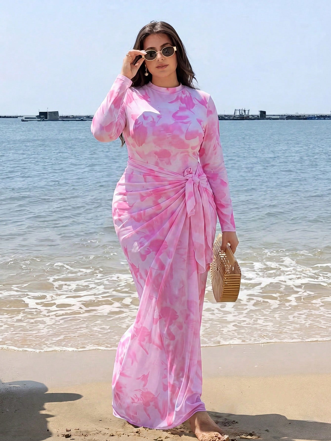 Swim Shayni Plus Size Women Floral Print Ruffle Long Sleeve One-Piece Swimsuit And Skirt Bikini Set, Suitable For Beach Vacation, Pool Party, Beach Party Summer