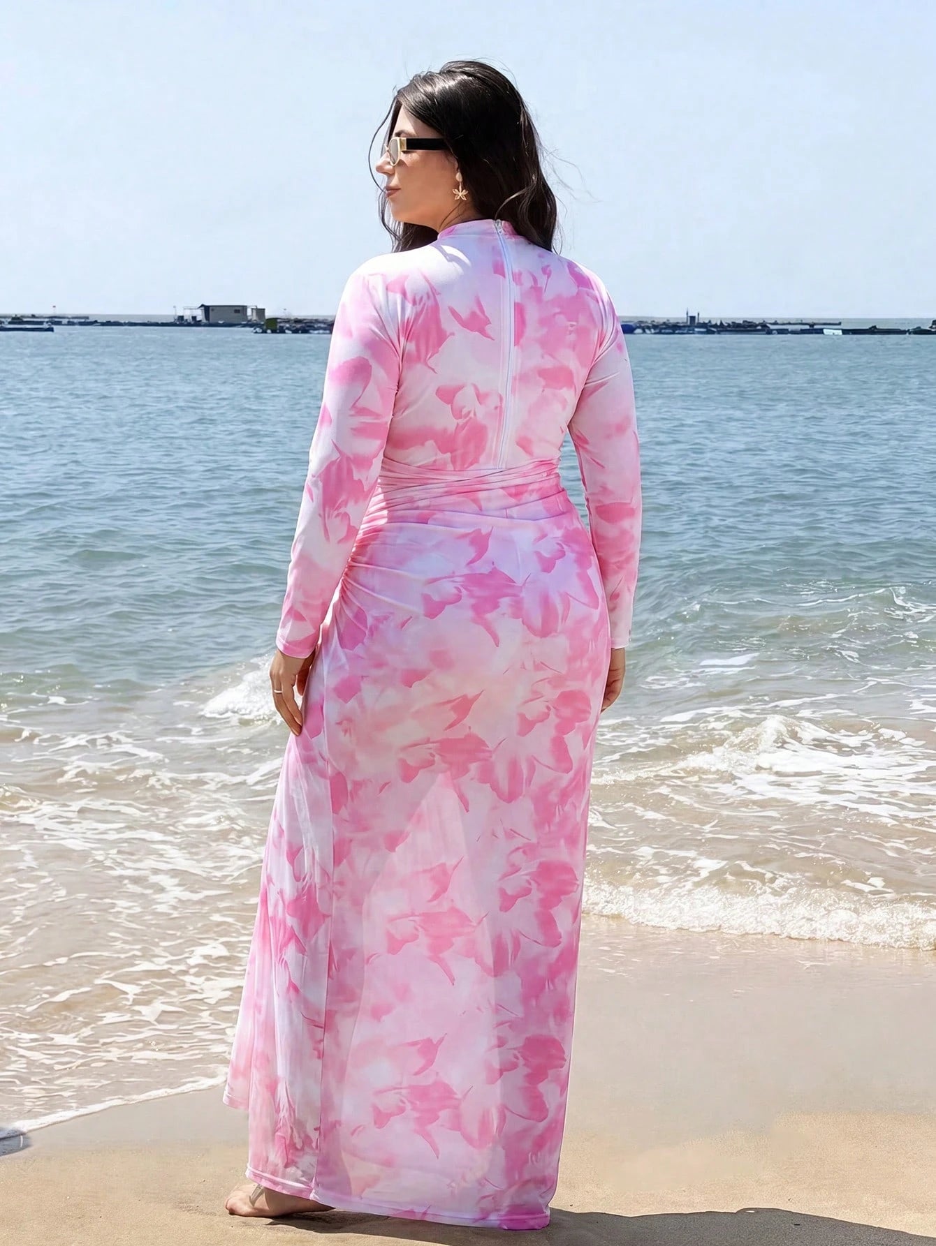 Swim Shayni Plus Size Women Floral Print Ruffle Long Sleeve One-Piece Swimsuit And Skirt Bikini Set, Suitable For Beach Vacation, Pool Party, Beach Party Summer