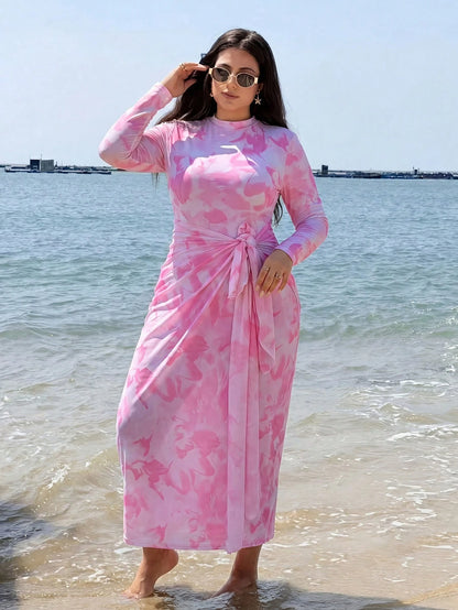 Swim Shayni Plus Size Women Floral Print Ruffle Long Sleeve One-Piece Swimsuit And Skirt Bikini Set, Suitable For Beach Vacation, Pool Party, Beach Party Summer