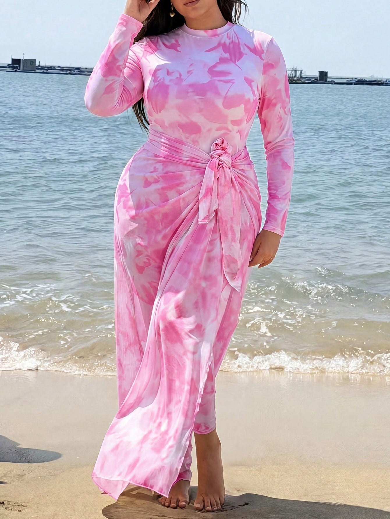 Swim Shayni Plus Size Women Floral Print Ruffle Long Sleeve One-Piece Swimsuit And Skirt Bikini Set, Suitable For Beach Vacation, Pool Party, Beach Party Summer