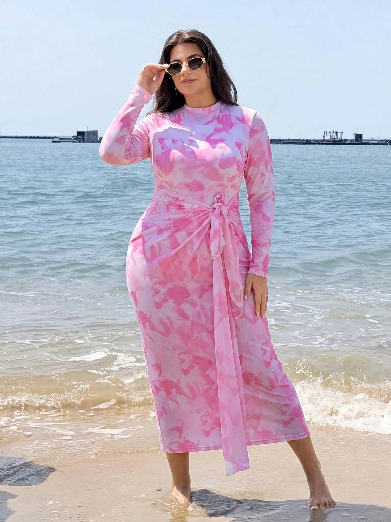 Swim Shayni Plus Size Women Floral Print Ruffle Long Sleeve One-Piece Swimsuit And Skirt Bikini Set, Suitable For Beach Vacation, Pool Party, Beach Party Summer