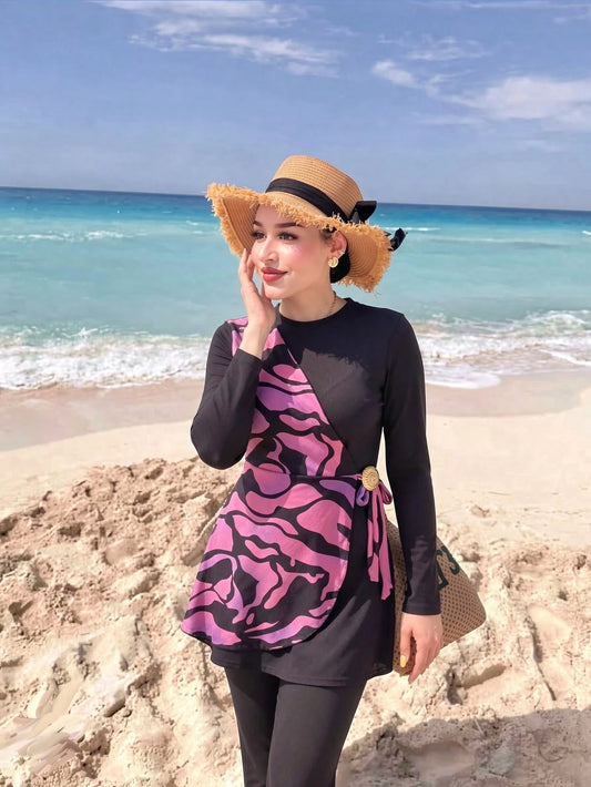 Swim Shayni Women's Colorblock Long Sleeve Top And Flare Leg Burkini Two-Piece Swimsuit Set, Suitable For Summer Vacation Beach