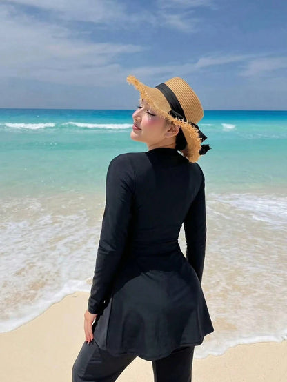 Swim Shayni Women's Colorblock Long Sleeve Top And Flare Leg Burkini Two-Piece Swimsuit Set, Suitable For Summer Vacation Beach