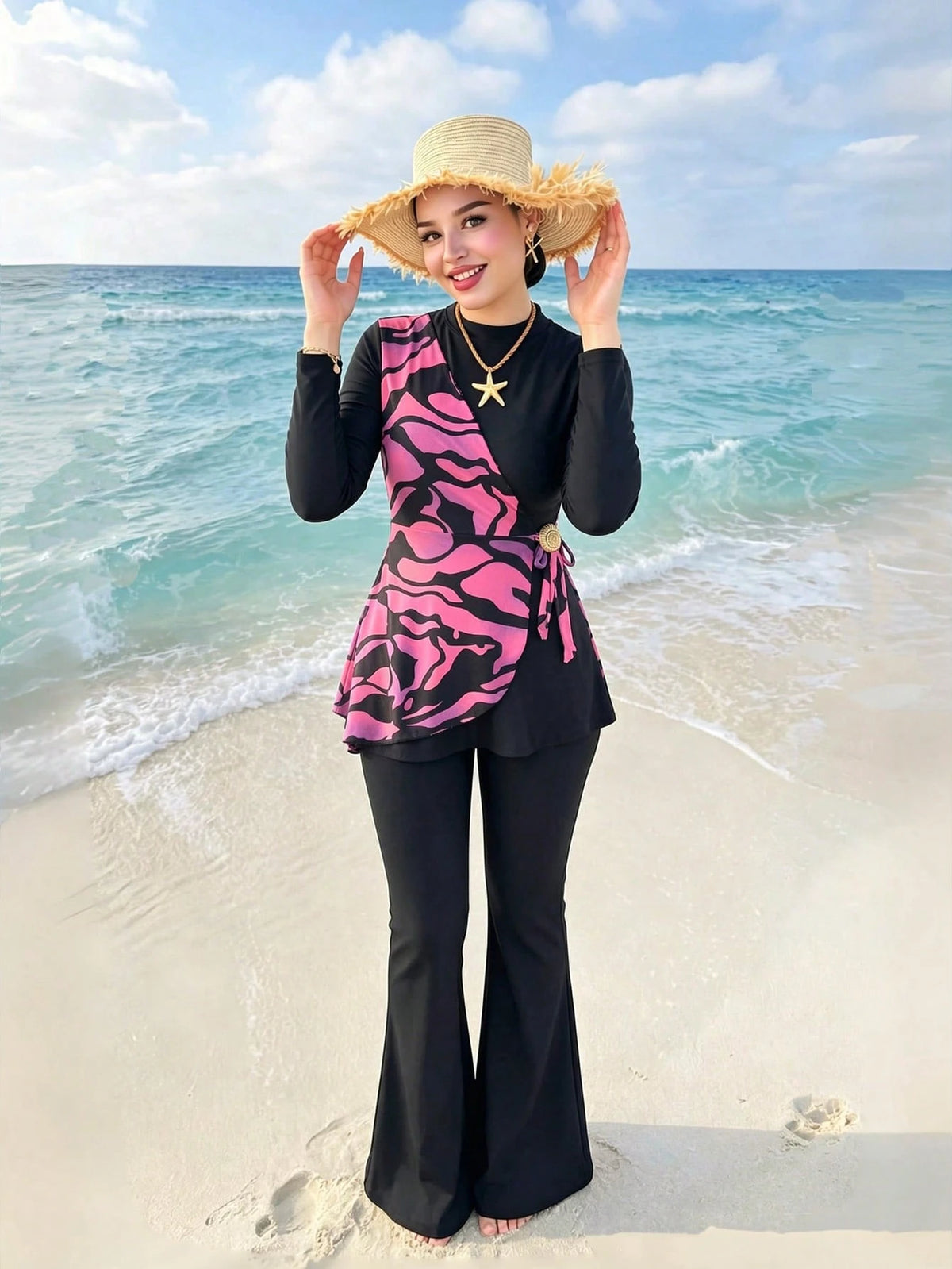 Swim Shayni Women's Colorblock Long Sleeve Top And Flare Leg Burkini Two-Piece Swimsuit Set, Suitable For Summer Vacation Beach