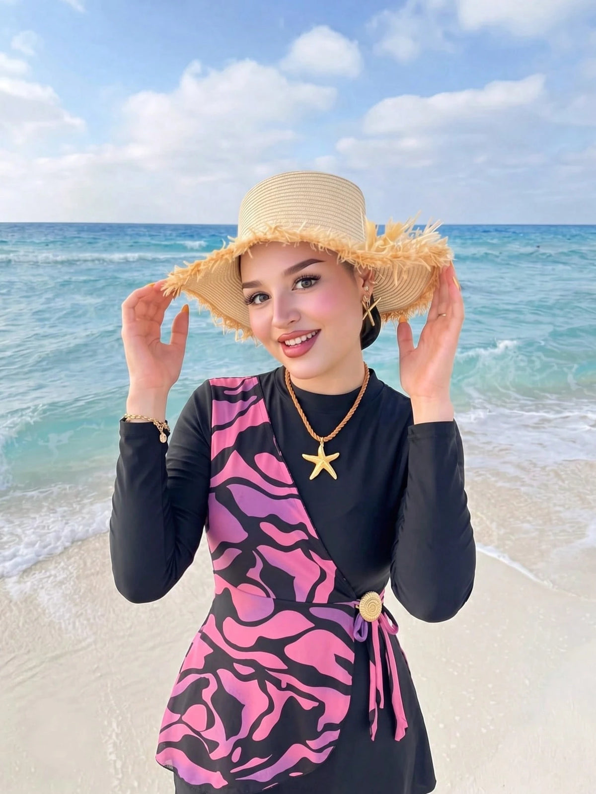 Swim Shayni Women's Colorblock Long Sleeve Top And Flare Leg Burkini Two-Piece Swimsuit Set, Suitable For Summer Vacation Beach
