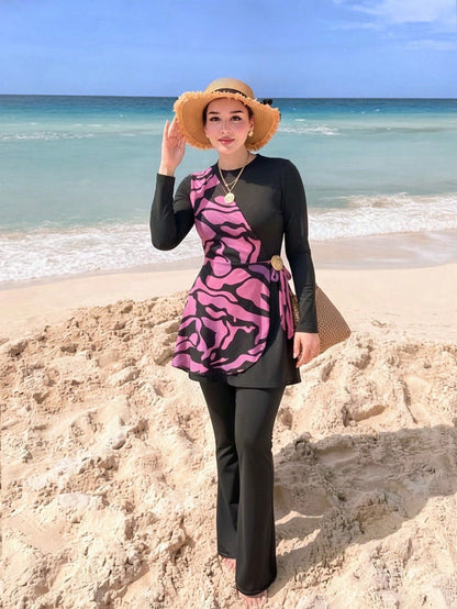 Swim Shayni Women's Colorblock Long Sleeve Top And Flare Leg Burkini Two-Piece Swimsuit Set, Suitable For Summer Vacation Beach