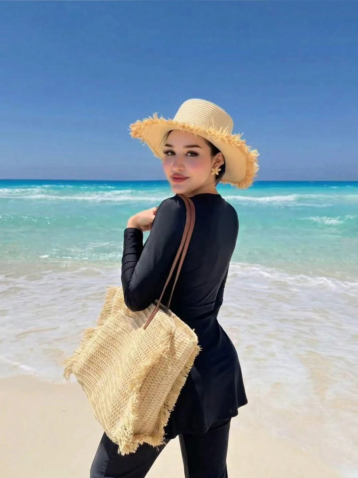 Swim Shayni Women's Colorblock Long Sleeve Top And Flare Leg Burkini Two-Piece Swimsuit Set, Suitable For Summer Vacation Beach