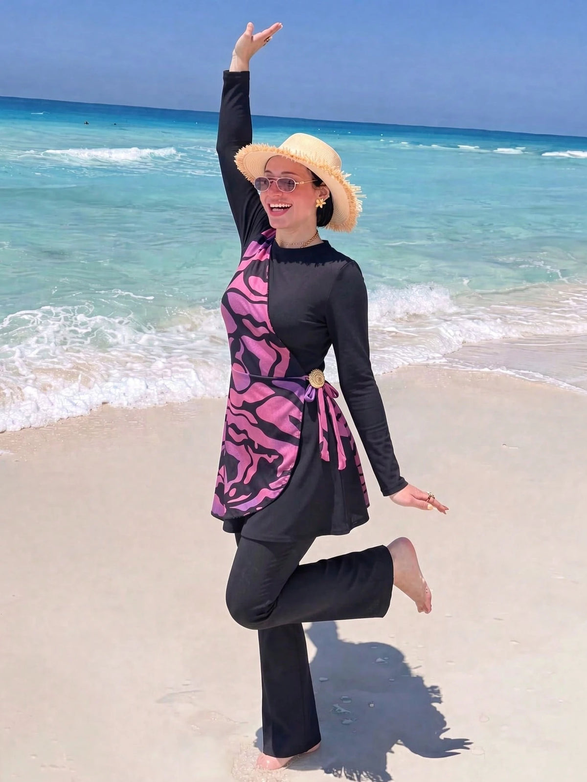 Swim Shayni Women's Colorblock Long Sleeve Top And Flare Leg Burkini Two-Piece Swimsuit Set, Suitable For Summer Vacation Beach