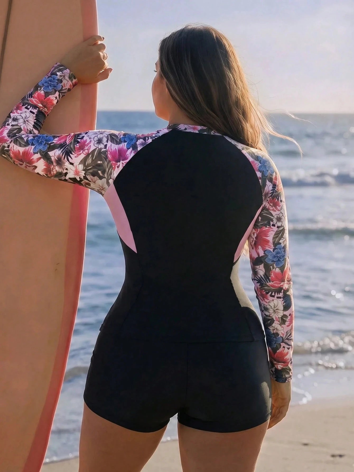 Swim SPRTY Plus Size Women 2pcs Floral Print Long Sleeve Tummy Control Tankini Swimsuit For Beach Vacation White Summer