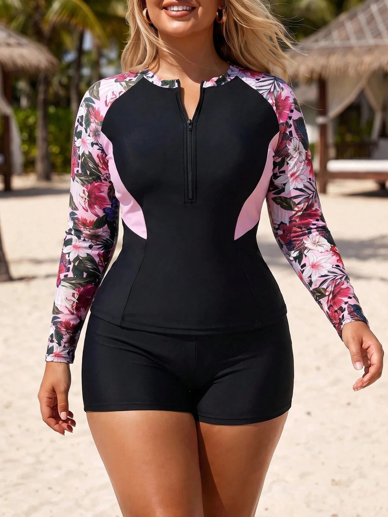 Swim SPRTY Plus Size Women 2pcs Floral Print Long Sleeve Tummy Control Tankini Swimsuit For Beach Vacation White Summer