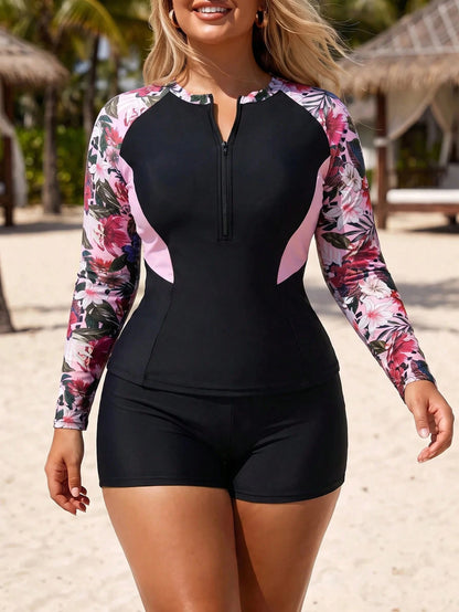 Swim SPRTY Plus Size Women 2pcs Floral Print Long Sleeve Tummy Control Tankini Swimsuit For Beach Vacation White Summer