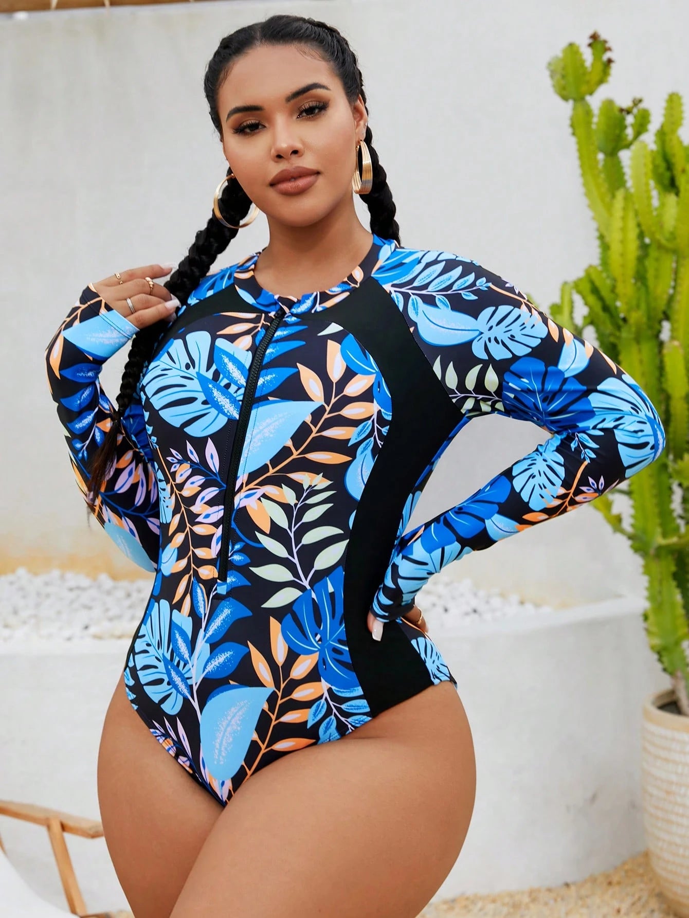 Swim SPRTY Plus Size Women Front Zipper Random Print Long Sleeve One Piece Rashguard Swimsuit, Slim Fit Beach Vacation Pool Swimming Wear For Summer