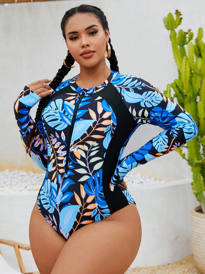 Swim SPRTY Plus Size Women Front Zipper Random Print Long Sleeve One Piece Rashguard Swimsuit, Slim Fit Beach Vacation Pool Swimming Wear For Summer