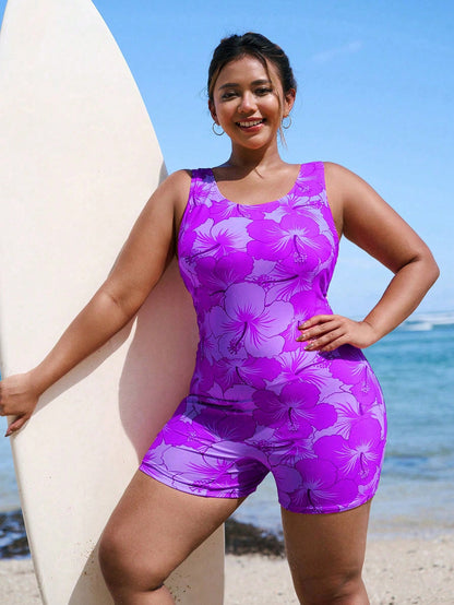 Swim SPRTY Plus Size Women's One-Piece Floral Print Sleeveless Backless Hollow Out Casual Swimsuit For Beach Vacation, Sports Vacation Light Blue Summer