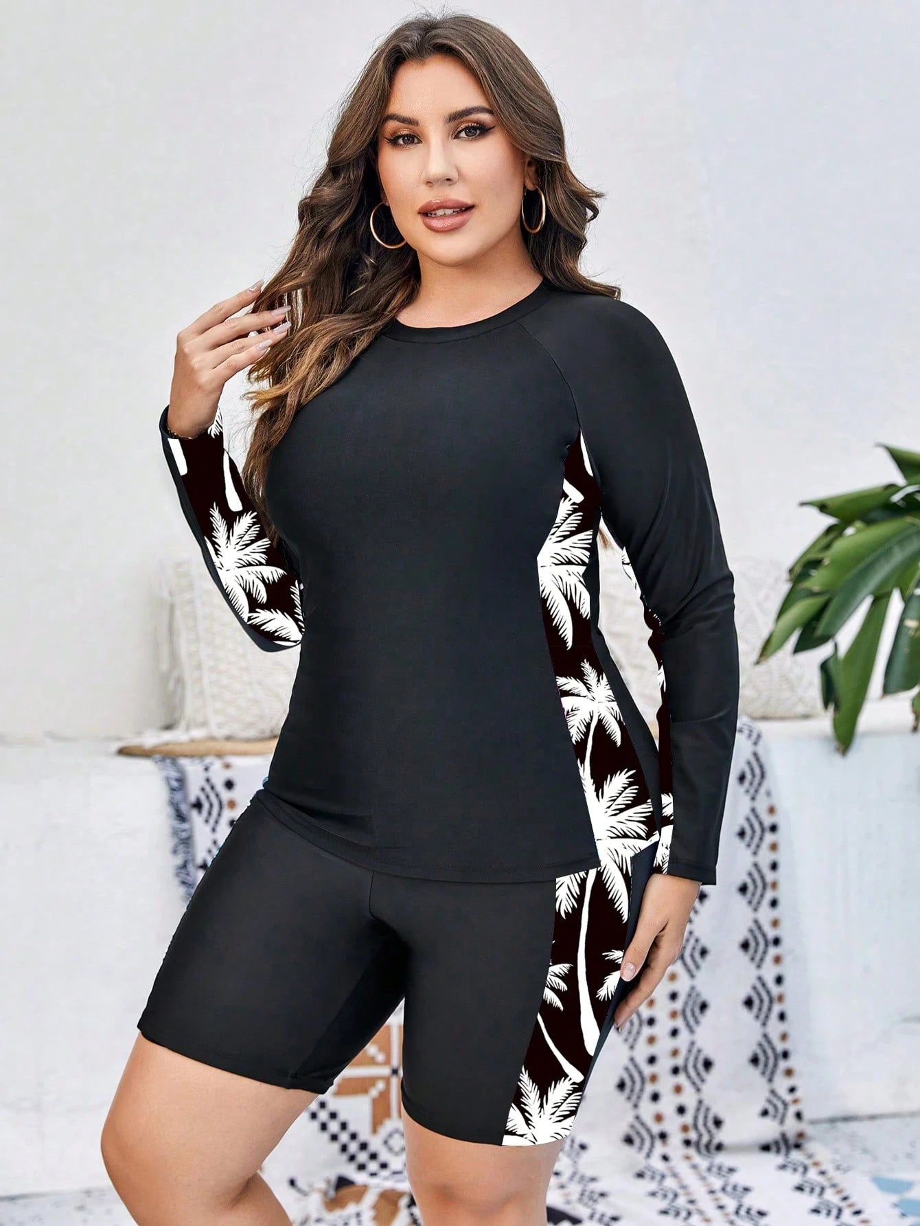 Swim SPRTY Plus Size Women Tropical Palm Tree Print Raglan Sleeve Rashguard Set, Suitable For Beach & Holiday