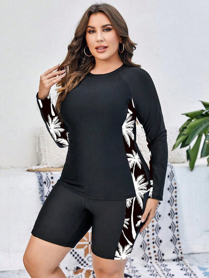 Swim SPRTY Plus Size Women Tropical Palm Tree Print Raglan Sleeve Rashguard Set, Suitable For Beach & Holiday