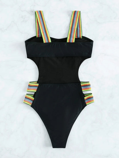 Swim Summer Beach Striped Tape One Piece Swimsuit