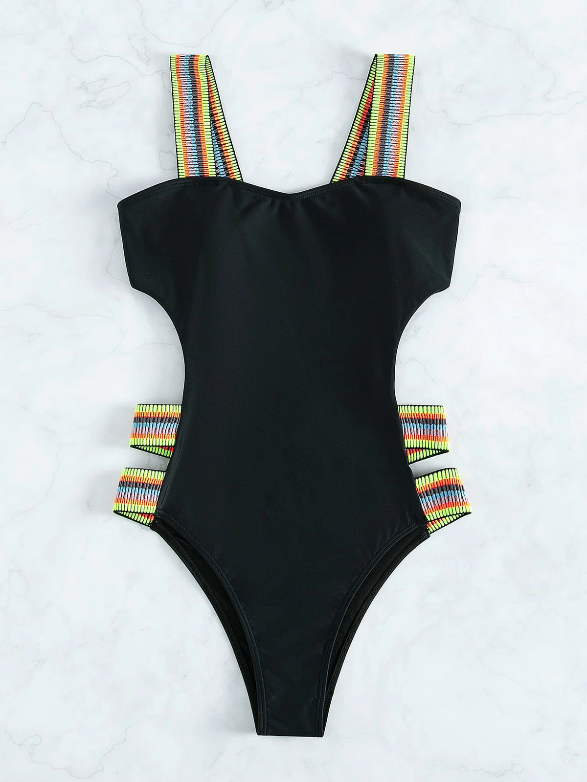 Swim Summer Beach Striped Tape One Piece Swimsuit