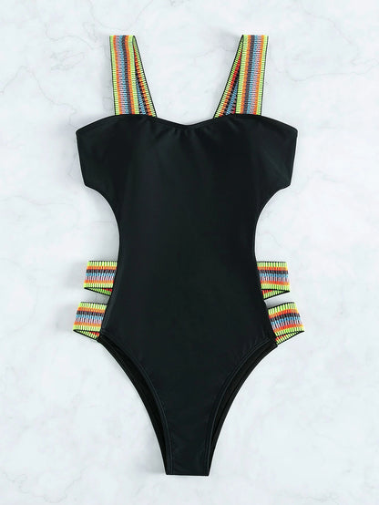 Swim Summer Beach Striped Tape One Piece Swimsuit