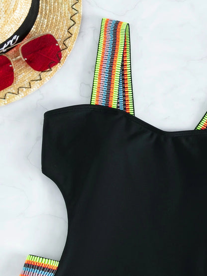 Swim Summer Beach Striped Tape One Piece Swimsuit