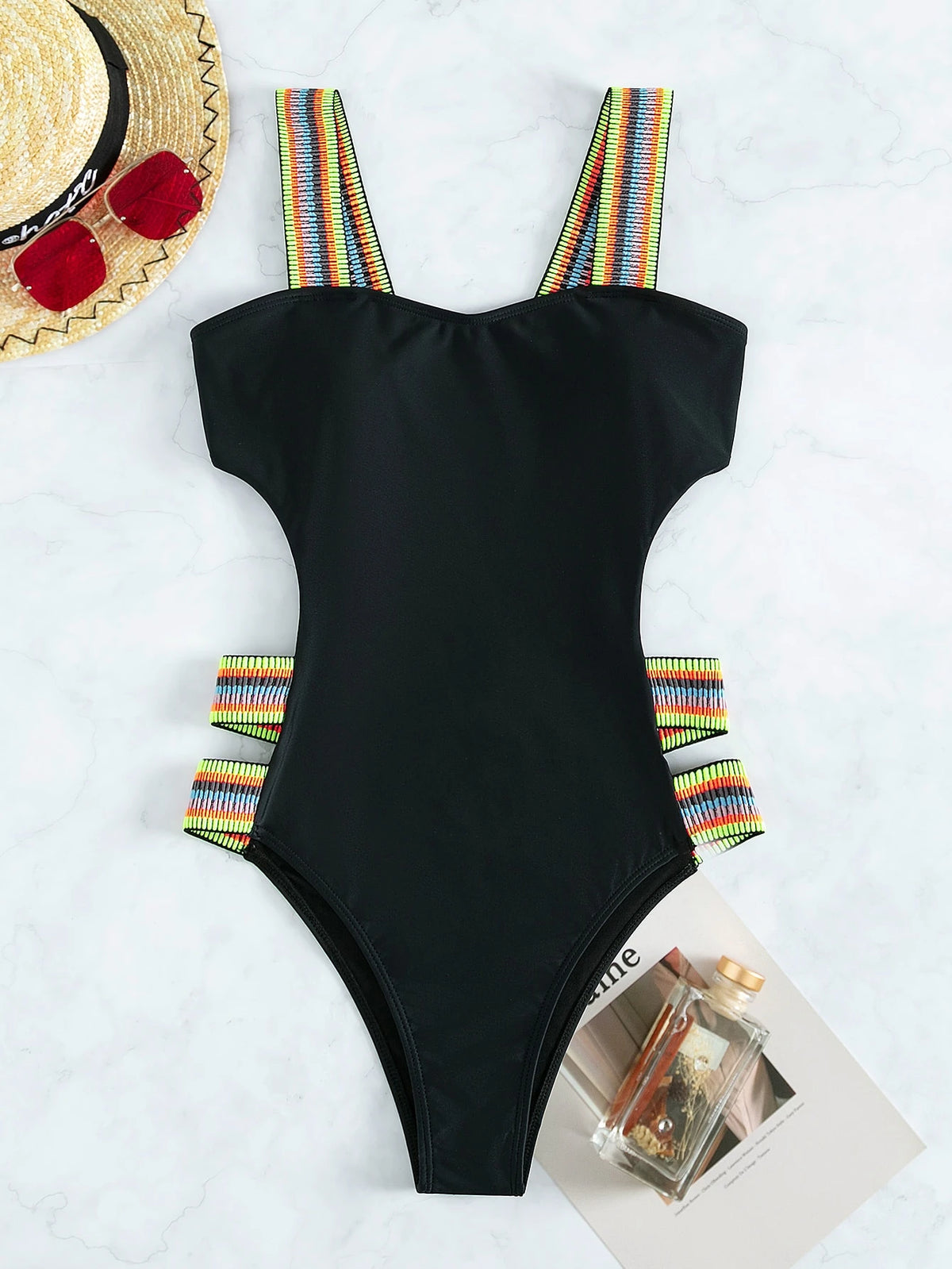 Swim Summer Beach Striped Tape One Piece Swimsuit