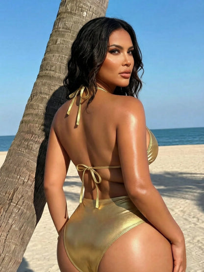 Swim SXY 2026 New Plus Size Women's Solid Color Halter Neck Tie Bikini Top And Bikini Bottom Set, Fashionable And Sexy Beach Vacation Swimsuit