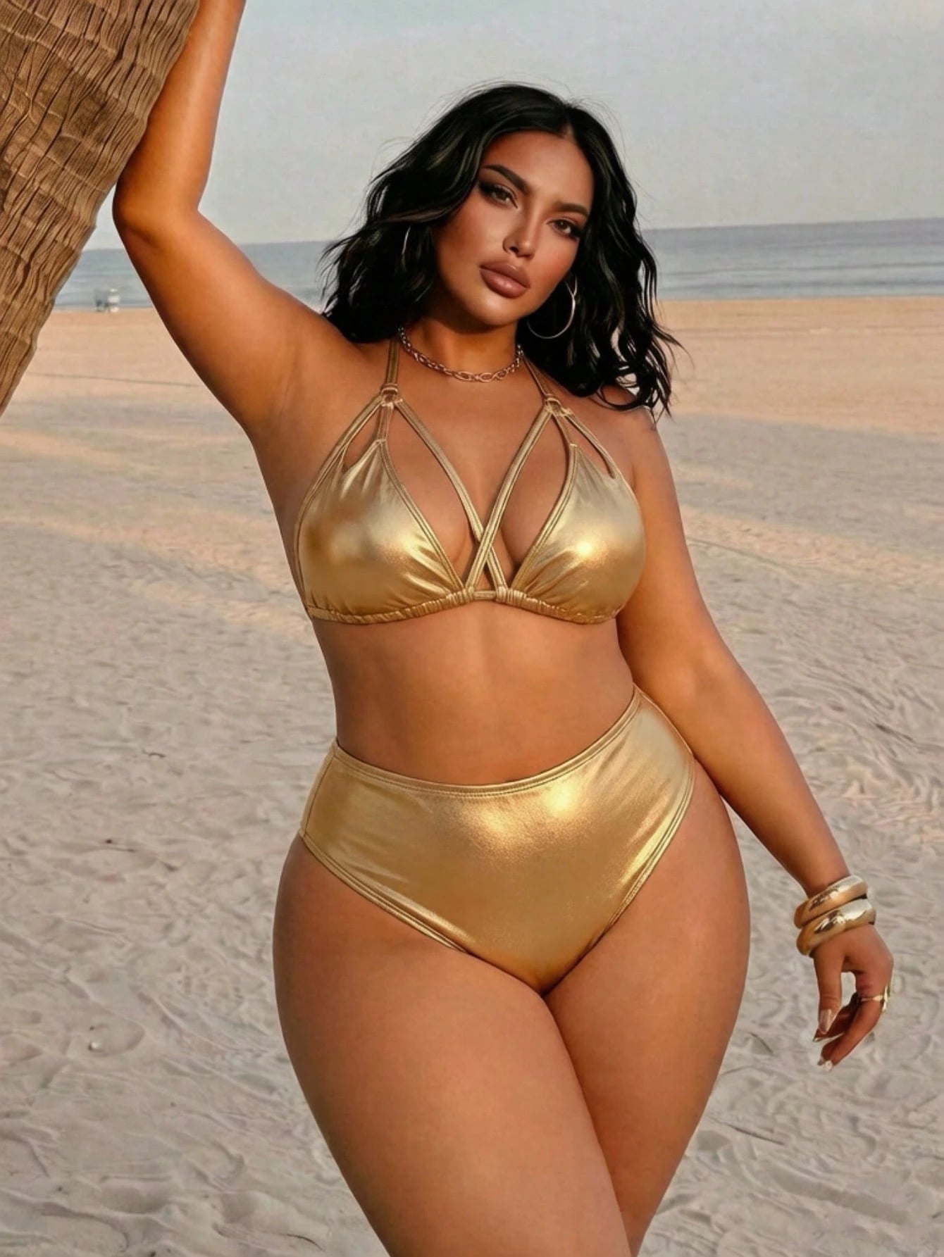 Swim SXY 2026 New Plus Size Women's Solid Color Halter Neck Tie Bikini Top And Bikini Bottom Set, Fashionable And Sexy Beach Vacation Swimsuit